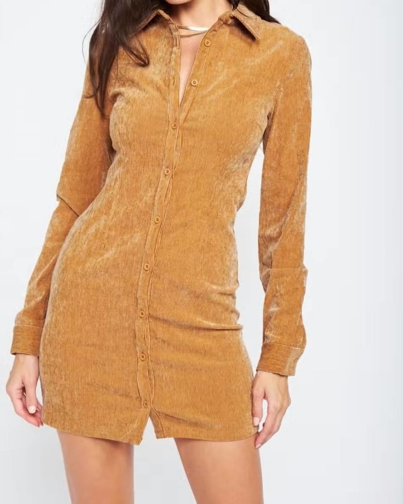 Front of a model wearing a size Large Closer To You Corduroy Dress In Tan in Tan by Emory Park. | dia_product_style_image_id:346805
